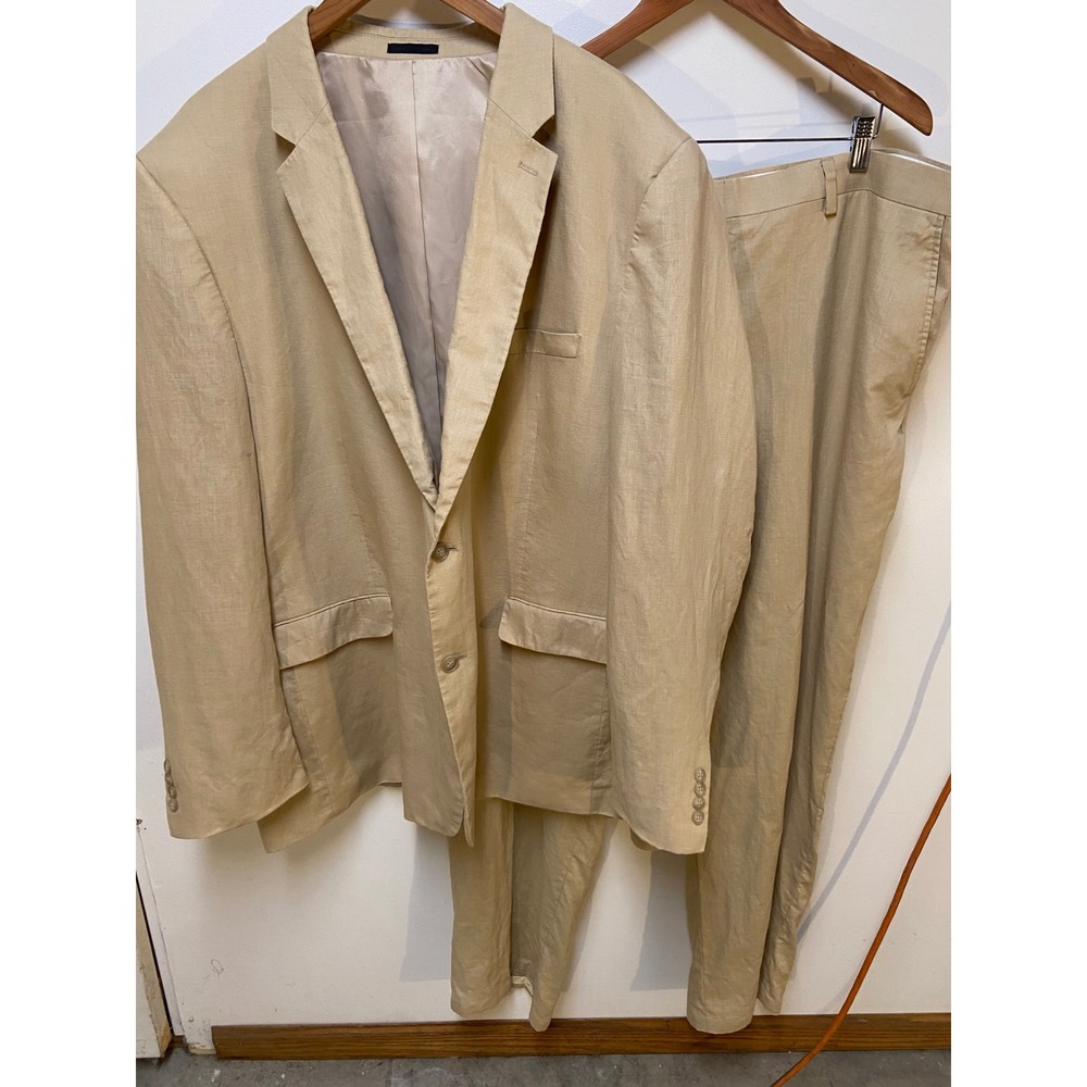 Andrew Fezza 100% Linen 2 Pc Suit Men 54L 48x31 Tan Big and Tall Beach Wedding
